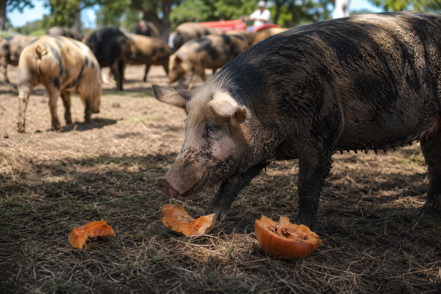 Porco se alimentando de abóbora ao ar livre