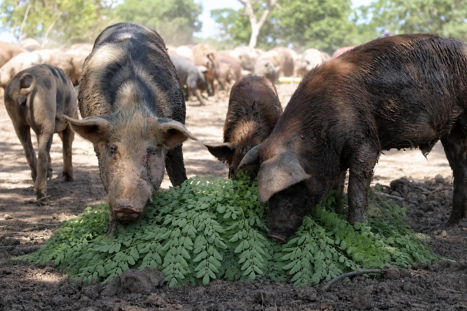 Porcos comendo moringa fresca no piquete
